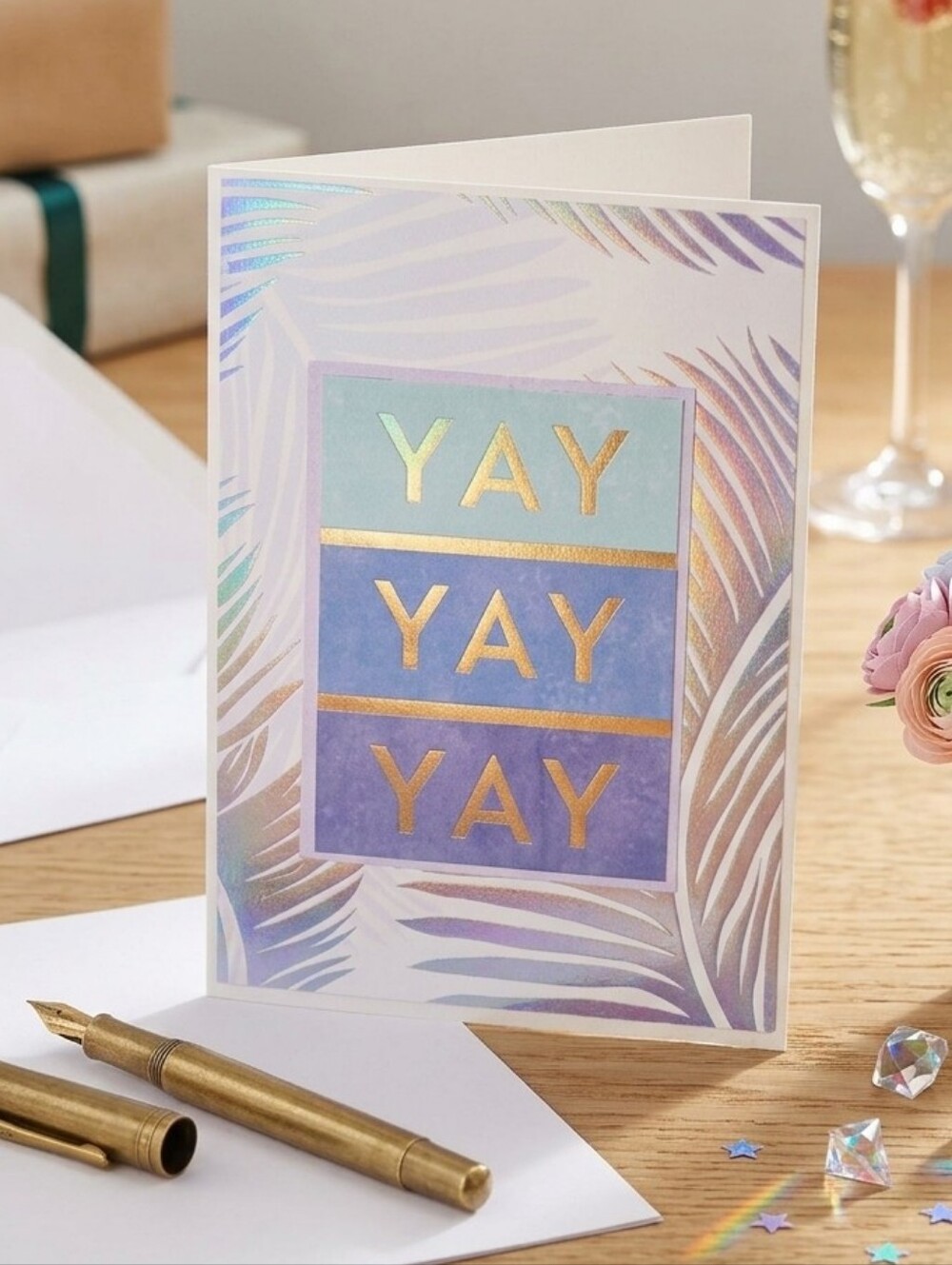 Handmade Pastel & Iridescent "YAY YAY YAY" Congratulatory Card w/ White Envelope
